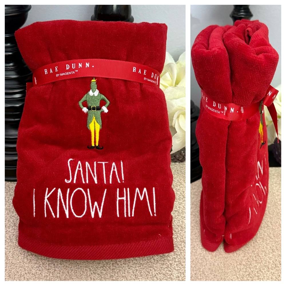 NWT Rae Dunn Set of 2 ELF SANTA! I KNOW HIM! Bathroom Hand Towels